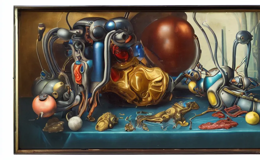 Image similar to strange seductive futuristic robot body, enticing colorful oil painting dutch golden age vanitas alluring still life sparse composition with bulbous objects strange gooey transparent surfaces shiny torrid metal reflections bizarre mutant meat insects rachel ruysch dali todd schorr very detailed perfect composition rule of thirds masterpiece canon 5 0 mm, cinematic lighting, photography, retro, film, kodachrome