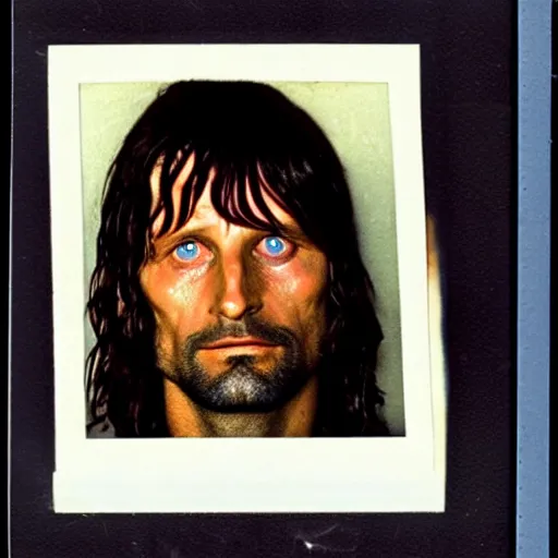 Prompt: Aragorn, from lord of the rings, gets arrested for stealing the one ring, 1980s Polaroid photo-journalism flash photography, Medium close-up