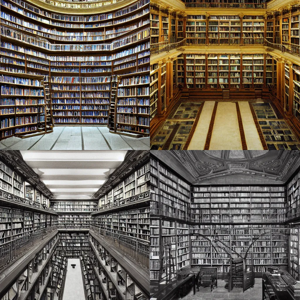 Prompt: Library of Babel, wide angle photograph, golden tone, photographed by Jorge Luis Borges