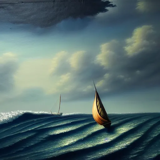 Image similar to a real photographic landscape painting with incomparable reality, super wide, ominous sky, sailing boat, wooden boat, lotus, huge waves, starry night, harry potter, volumetric lighting, clearing, realistic, james gurney, artstation - h 1 0 2 4