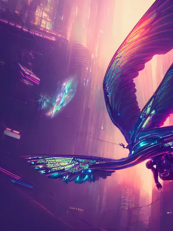 Image similar to cyberpunk, icarus, fractal, neon lights, large pair of wings, futuristic city, cinematic, sunlight, ultra realistic, octane render, alphonse mucha, artgerm, character concept, very detailed, elegant, lonely atmosphere