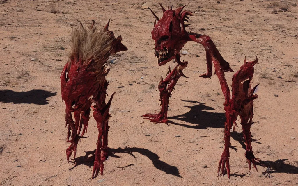 Image similar to in the desert a bloody gross horrifying The Thing creature made of muscle and bone and blood stares at the camera, eating, it walks on two legs, mid day, 35mm photography, realistic,