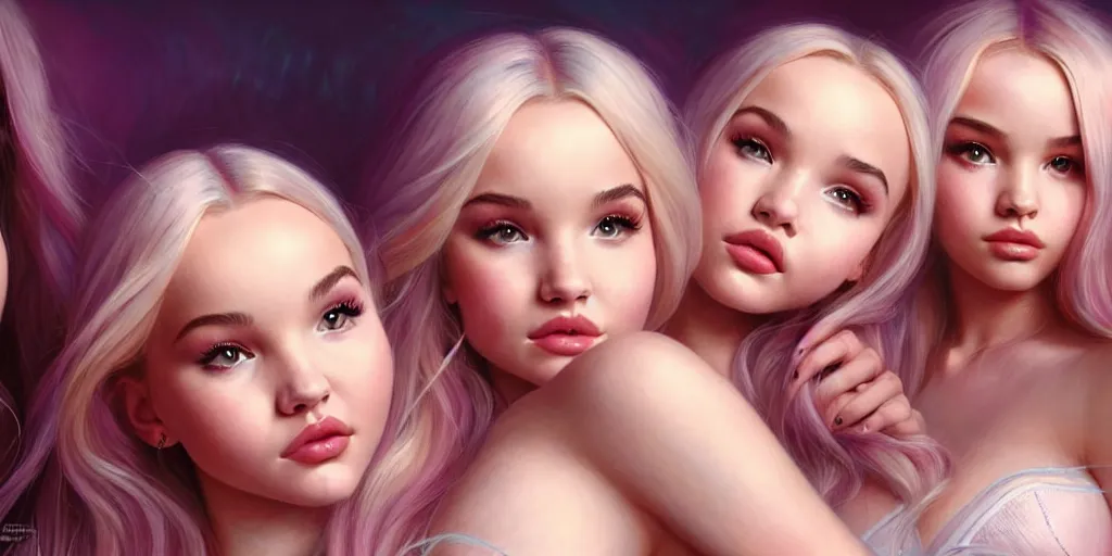 Prompt: dove cameron and madison beer and bella poarch are three beautiful college girls in a bed rolling on ecstasy covered in sweat and dilated pupils, highly detailed, digital painting, artstation, concept art, matte, sharp focus, illustration, art by artgerm and ross tran and thomas kincade