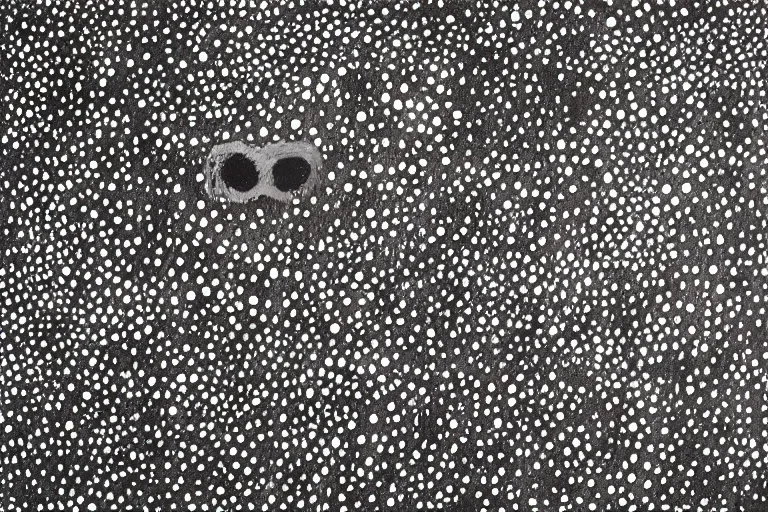 Image similar to teeth, smile, faceless people, black figures, dark, acrylic, clay, dots abstract, dripping, stipple, pointillism, technical, abstract, minimal, style of francis bacon, asymmetry, pulled apart, stretch, cloak, eerie, made of dots, abstraction chemicals, blotter, mask, colored dots, splotch, old painting style