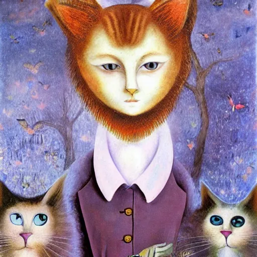 Image similar to by Remedios Varos, Ernest Hemingway in a cat girl outfit, oil painting, MET collection, high resolution.