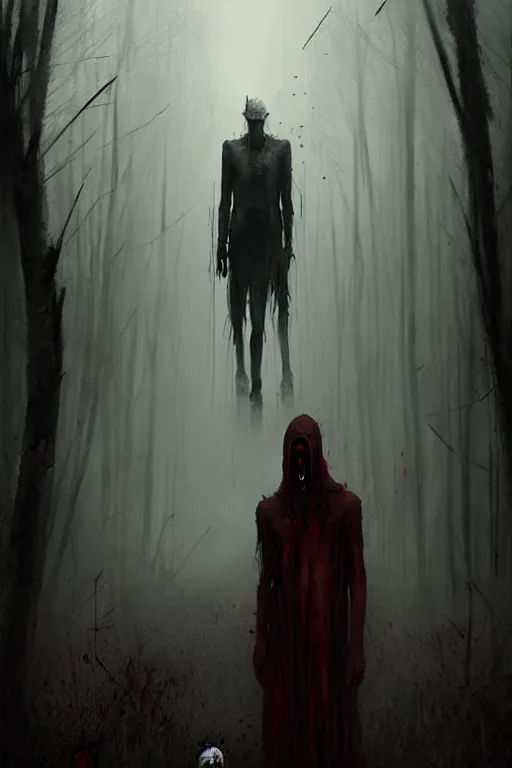 Prompt: tall slender pale humanoid walking in the mist, red eyes, bloody face, creepy, horror, fantasy, bloodcurdling, art by greg rutkowski