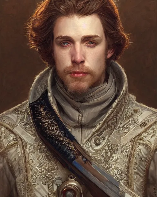 Image similar to white male rogue bard portrait, highly detailed, very intricate, symmetrical, cinematic lighting, closeup painted portrait, by donato giancola and mandy jurgens and magali villenueve, featured on artstation