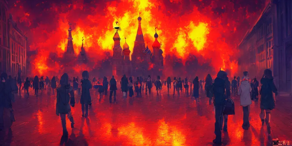 Image similar to high quality picture of burning Red Square in Moscow in flame, rich vivid colors, ambient lighting, dynamic lighting, 4k, HQ, official media, anime key visual, makoto shinkai, ilya kuvshinov, lois van baarle, rossdraws, detailed, trending on artstation