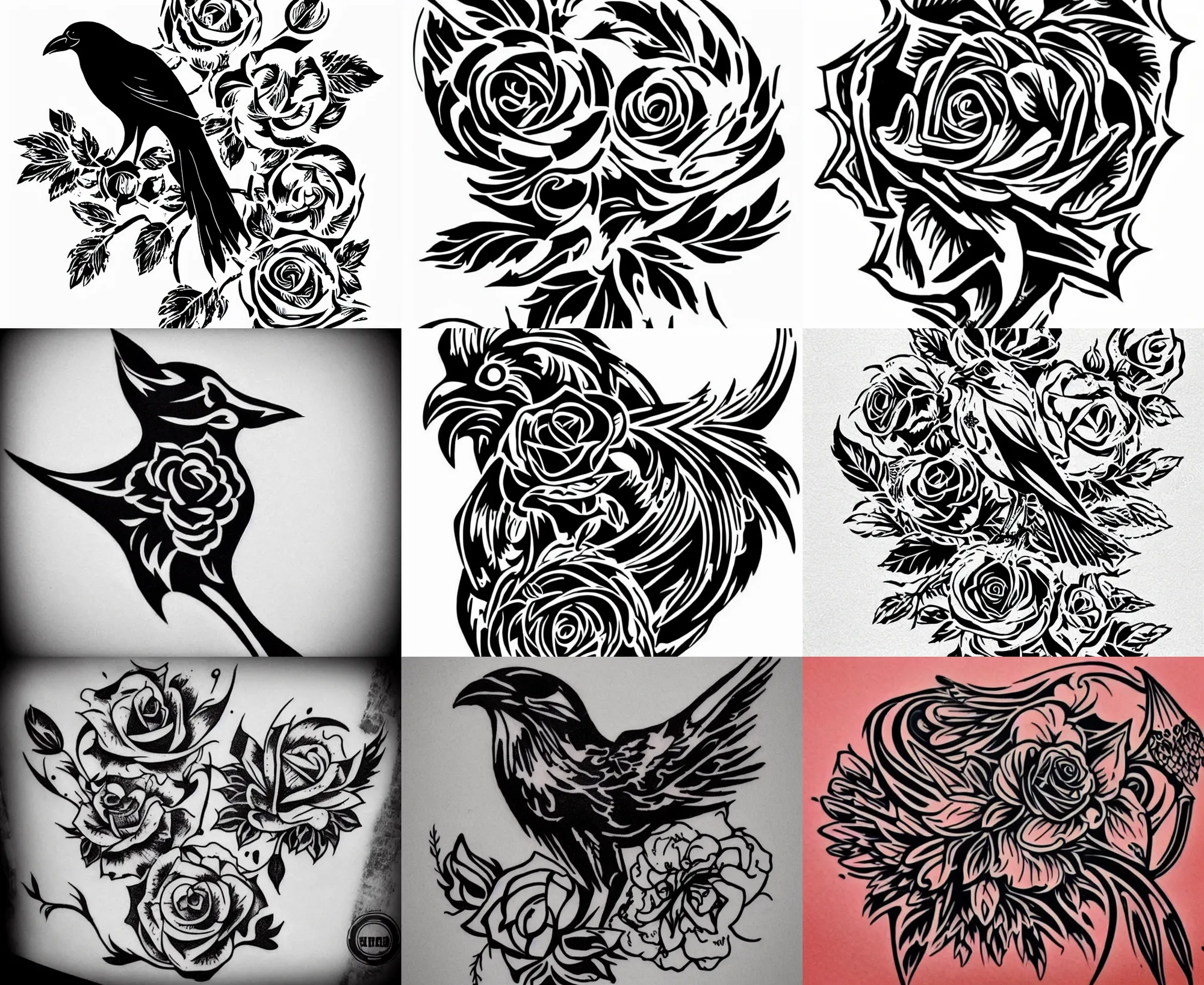 Image similar to Tattoo Stencil stylized crow rose Raven, bold strong lines very highly aesthetic