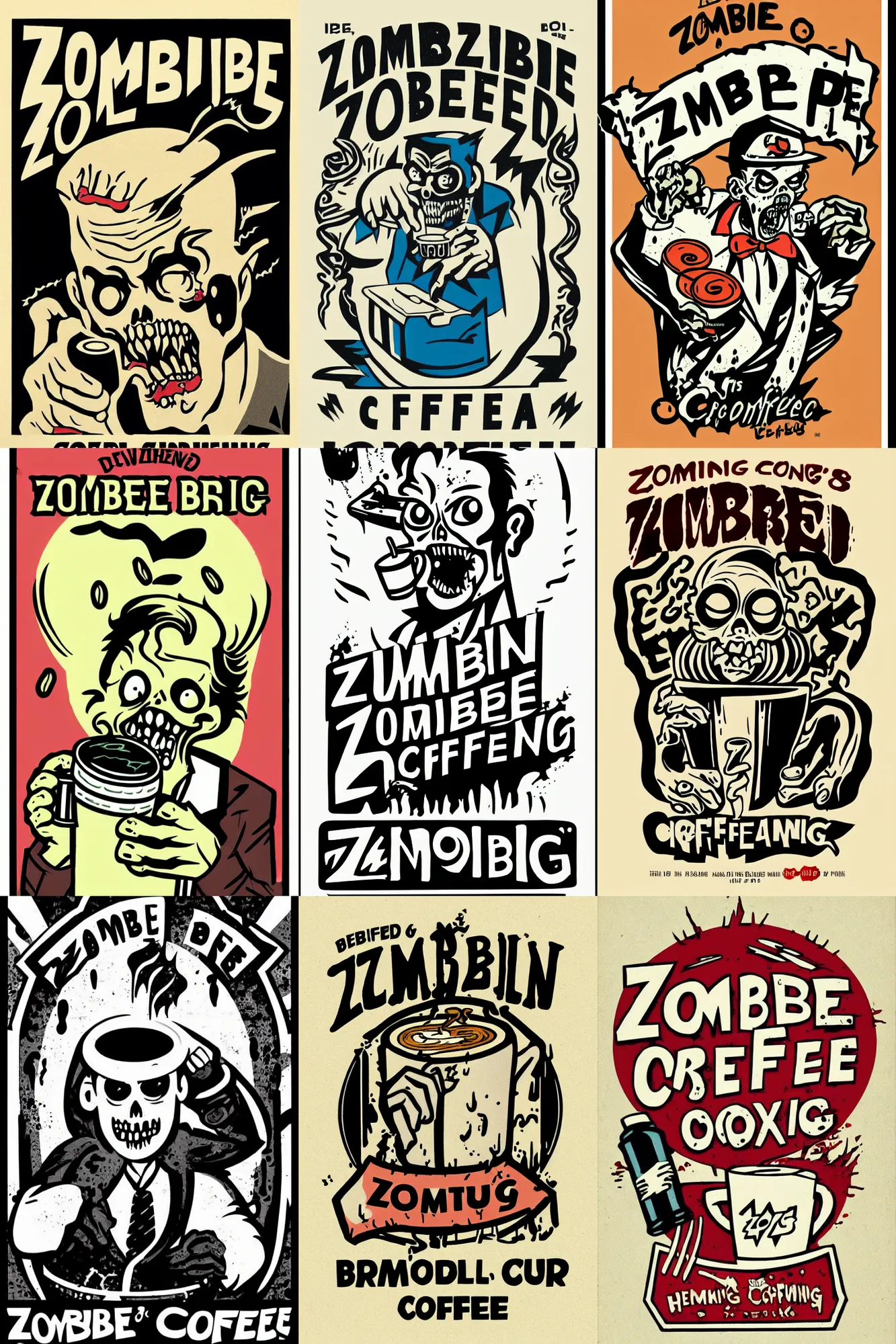 Image similar to zombie drinking coffee logo, take away coffee, by mcbess, full colour print, vintage colours, lightning bolts, 1950s