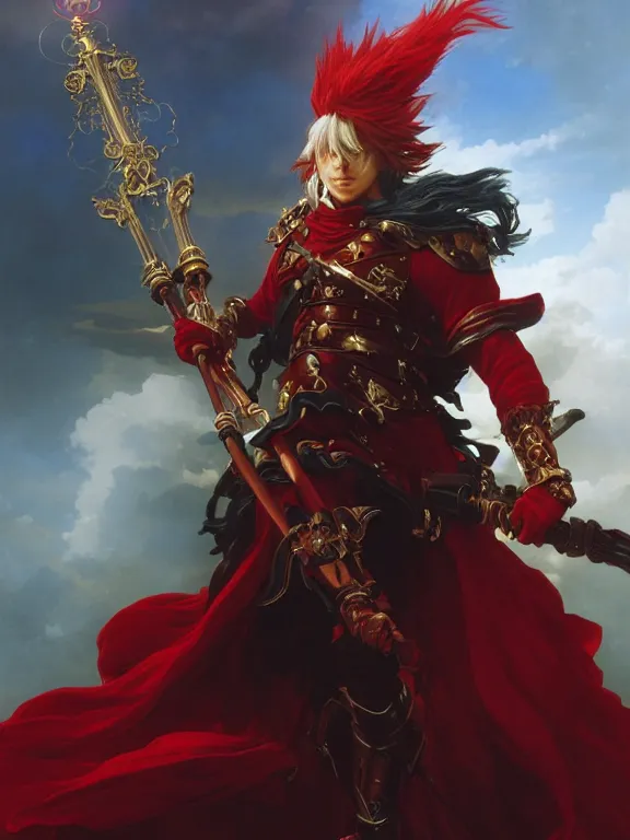 Image similar to A Portrait of a boisterous Red Mage wearing striped shining armor holding a staff of power surrounded by an epic cloudscape. The Magus Omega . Red Wizard. Morpheus. Symmetrical. masterpiece. 4k digital illustration. by Ruan Jia and Artgerm and Andreas Rocha and William-Adolphe Bouguereau and Jean-Baptiste de Champaigne. award winning, Artstation, intricate details, realistic, Hyperdetailed, 8k resolution. Concept Painting. Key Art