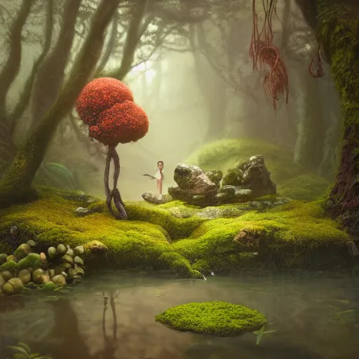 Prompt: soft painting render curiosities alien desolated world pond vegetation rocks, beautiful fairy creature covered moss scintillating, accurate features, focus, very intricate ultrafine details, random volumetric lighting, dense fog, award winning masterpiece, octane render 8 k hd, artstation, tom bagshaw