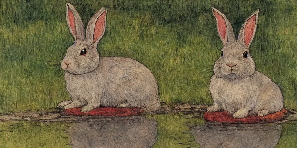 Prompt: a rabbit sitting by a pond, in the style of carl larsson