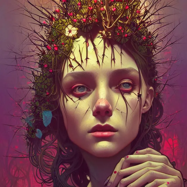 Prompt: a beautiful portrait painting of a ( atheist ) girl covered with thorns by simon stalenhag and pascal blanche and alphonse mucha!! and nekro!! and josan gonzalez in style of digital art. colorful comic, film noirs, pencil stroke, vibrating colors, hyper detailed. octane render. trending on artstation