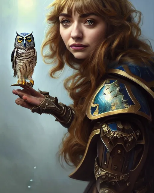 Prompt: portrait of imogen poots as a warhammer paladin, owls in hand, by sasha tudvaseva, deep focus, intricate, elegant, regal, highly detailed, digital painting, artstation, concept art, matte, sharp focus, illustration, warhammer, fantasy, hearthstone, art by artgerm and greg rutkowski and alphonse mucha