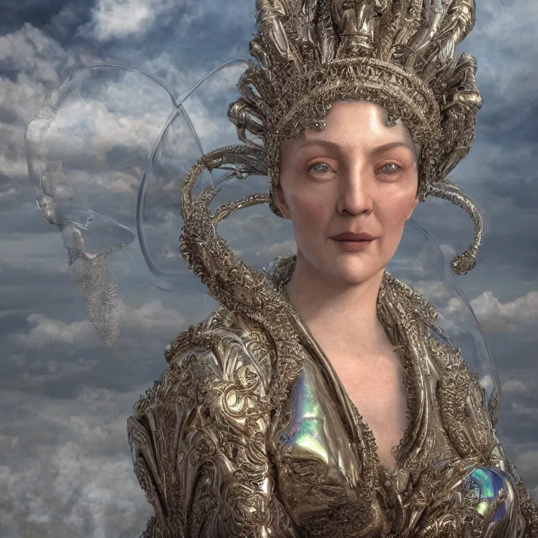 Image similar to octane render portrait by wayne barlow and carlo crivelli and glenn fabry and salvador dali, a 1 4 th century woman in a dramatic period dress with a giant iridescent silver shakespeare style collar, cinema 4 d, ray traced lighting, very short depth of field, bokeh, hypersurrealism