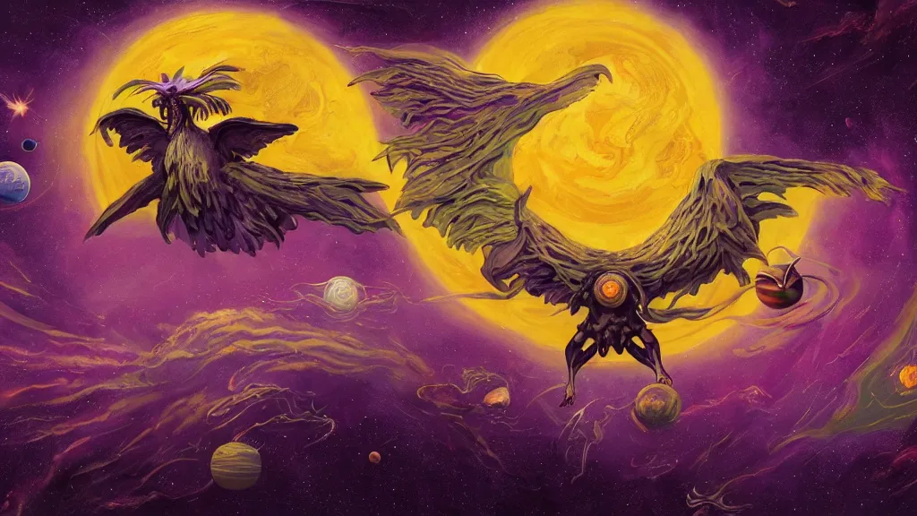 Prompt: Surrealist painting of a winged monster flying over the ocean, with a starry sky full of glowing planets behind it, purple color scheme, fantasy artwork, award winning, hyper detailed, very very very very very very very very very very very very very very very very very beautiful, studio lighting, artstation