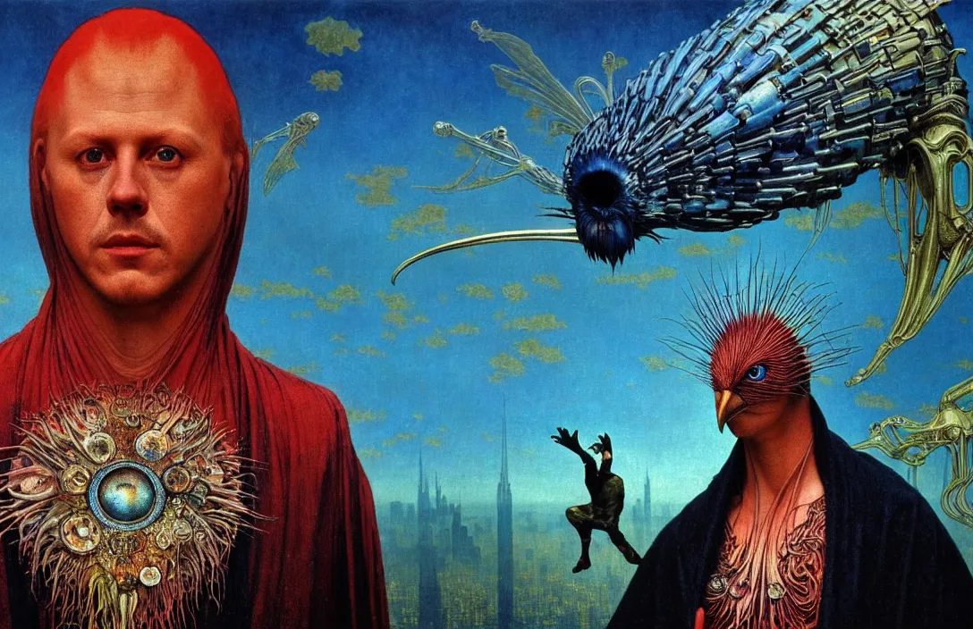 Image similar to realistic detailed portrait movie shot of a birdman wearing black reflective robes, sci fi city landscape background by denis villeneuve, amano, yves tanguy, alphonse mucha, ernst haeckel, max ernst, roger dean, masterpiece, rich moody colours, blue eyes, snarling dog teeth