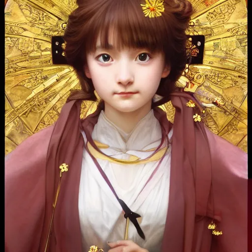 Image similar to Masterpiece portrait of a very young Sakura Kinomoto from Card Captor Sakura drawn by Donato Giancola and Tom Bagshaw, face by Artgerm and Edmund Leighton, Alphonse Mucha, background by James Jean and Gustav Klimt, 4k, french nouveau, trending on pixiv, octane render, hyperrealistic