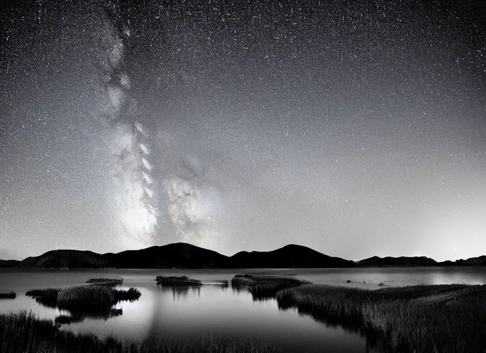 Prompt: long exposure starry night sky, scenic landscape photography by ansel adams