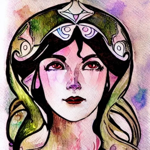 Image similar to princess zelda, art nouveau, victor horta, iridescent lighting, realistic watercolor and ink portrait,