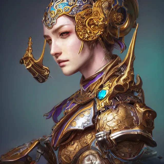 Image similar to studio portrait of lawful good colorful female holy mech paladin as absurdly beautiful, elegant, young sensual pretty woman, ultrafine hyperrealistic detailed face illustration by kim jung gi, irakli nadar, intricate linework, sharp focus, bright colors, matte, octopath traveler, final fantasy, unreal engine highly rendered, global illumination, radiant light, intricate environment