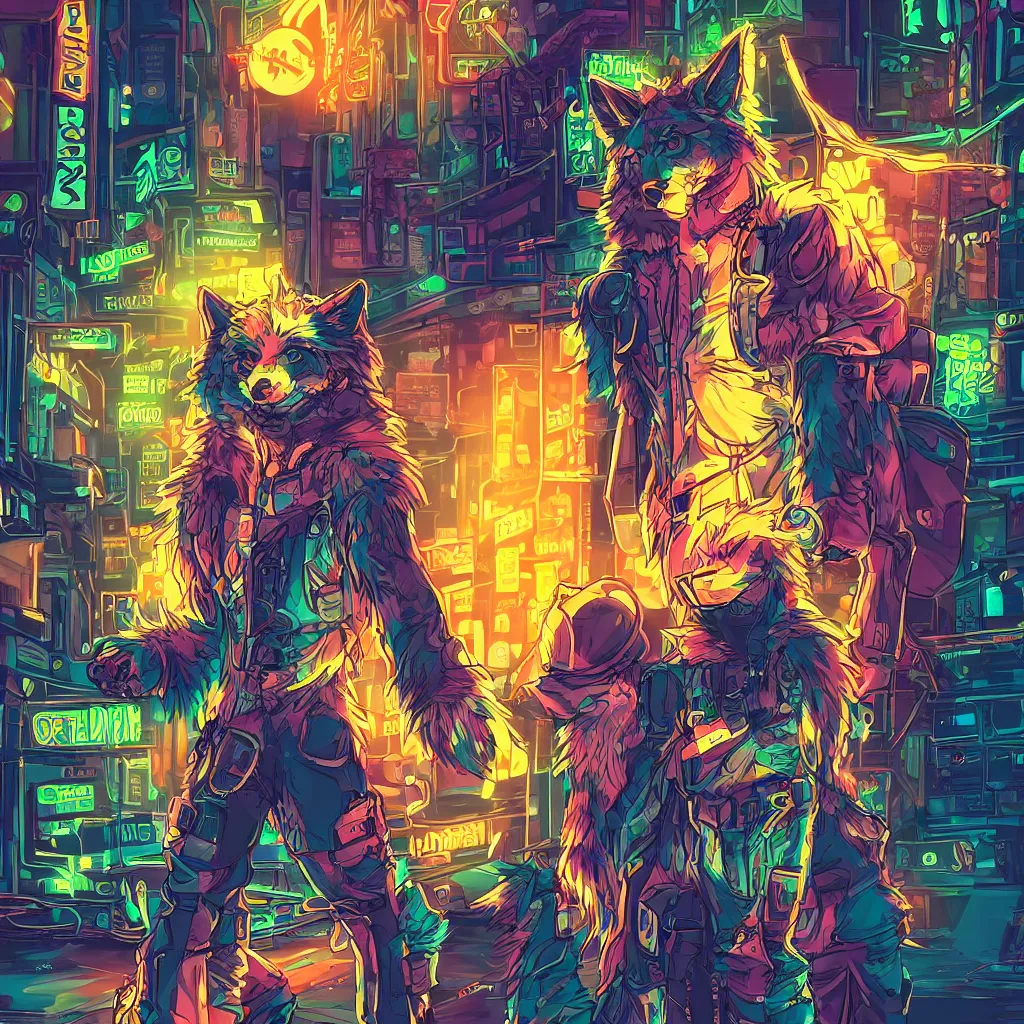 Image similar to beautiful furry art portrait commission of a androgynous furry anthro wolf fursona both wearing punk clothes in the streets of a cyberpunk city. neon signs.