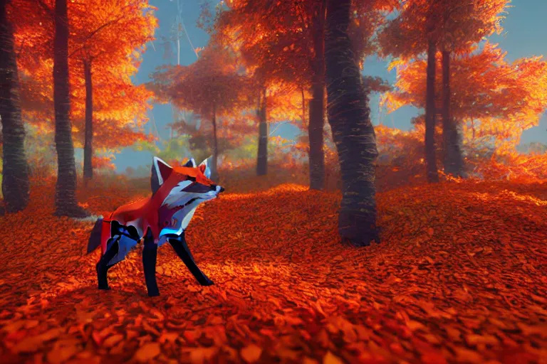 Image similar to super detailed color lowpoly art, red fox in an autumn maple forest, unreal engine, retrowave color palette, 3 d render, lowpoly, colorful, digital art, perspective