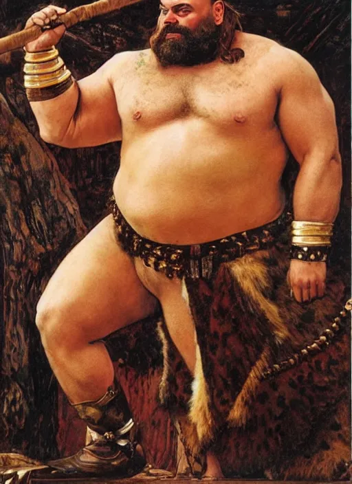 Image similar to eddie hall as hercules dressed in animal skins, by jlawrence alma tadema and rick berry and norman rockwell and greg staples