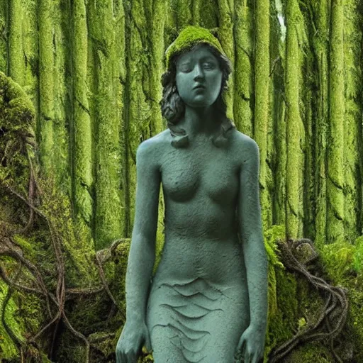 Prompt: A stone statue of a woman covered in vines and moss, hidden in the forest, absurdist art