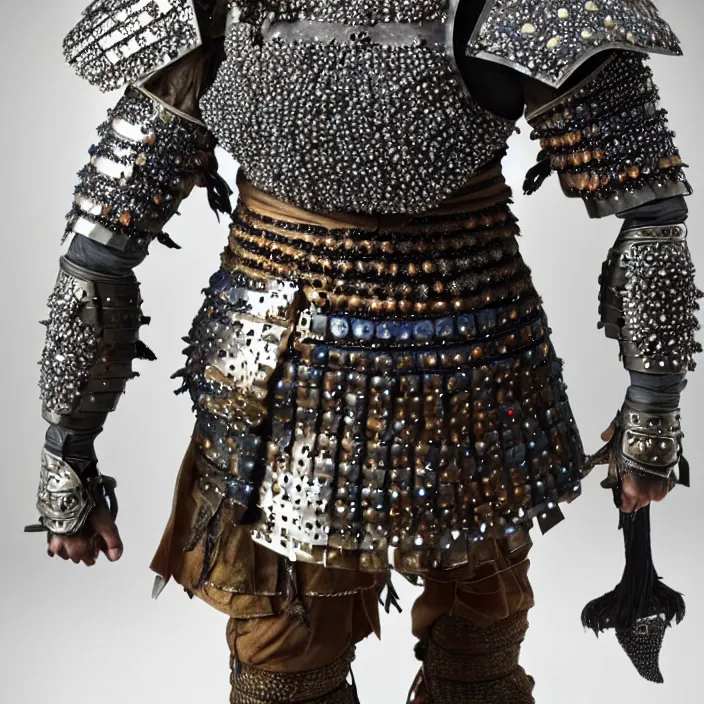 Image similar to full length photograph of a real-life warrior with sapphire encrusted intricate armour. Extremely detailed. 8k