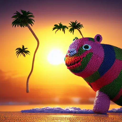 Image similar to a closeup photorealistic photograph of a cute smiling knitted tiger hippopotamus chasing colorful beachballs during sunset. teeth exposed, surf in the background. professional capture. this 4 k hd image is trending on artstation, featured on behance, well - rendered, extra crisp, features intricate detail, epic composition and the style of unreal engine.