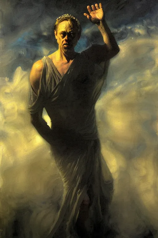 Image similar to beautiful detailed expressive impressionistic oil painting portrait of ancient roman god emperor steve buscemi levitating, ascending into the dark wearing the civic crown, renaissance painting, black background, art by anders zorn, wonderful masterpiece by greg rutkowski, expressive brush strokes, beautiful cinematic light, american romanticism by greg manchess, jessica rossier