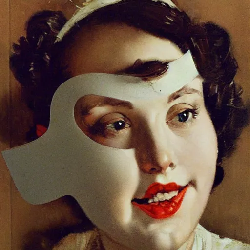 Prompt: frontal portrait of a woman with a white plastic theater mask, by norman rockwell