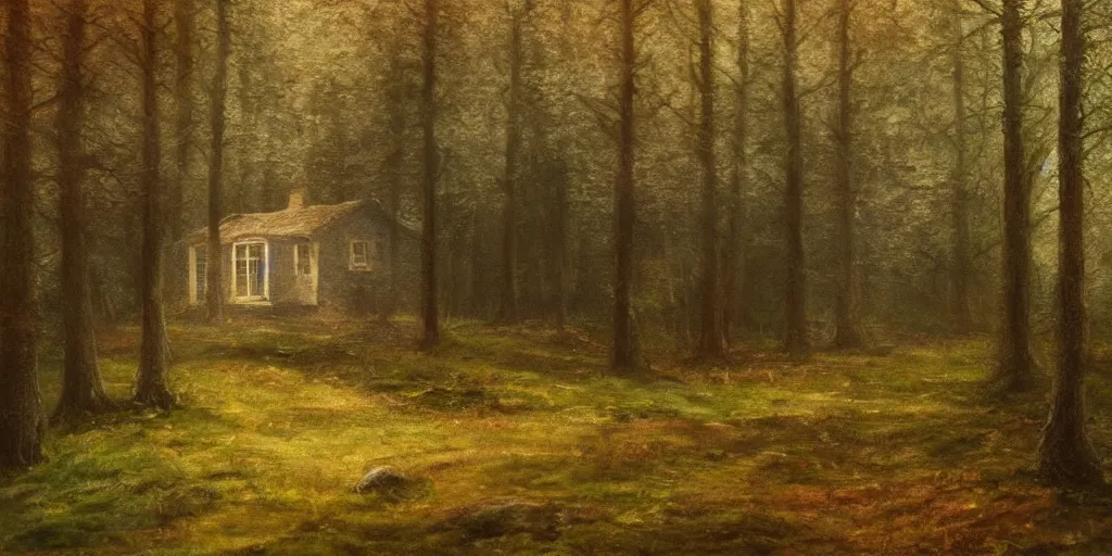 Prompt: a painting of a close up of a single cottage in the woods and empty woods, 8k, fantasy, hyper realistic, atmospheric lighting, cinematic