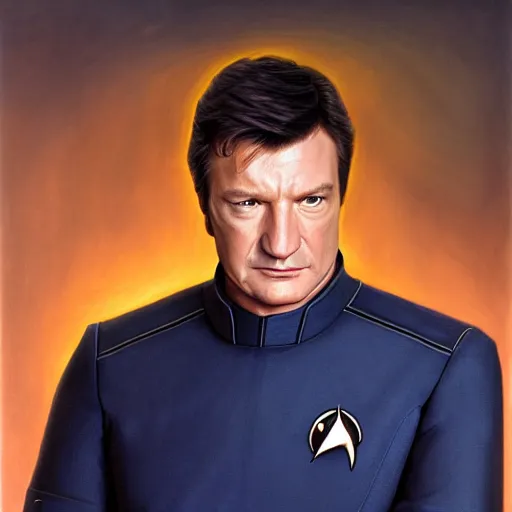 Image similar to A portrait of Nathan Fillion in a starfleet uniform, highly detailed photorealistic, unreal 5, hugh definition, 8k, deviantart, donato giancola, oil painting