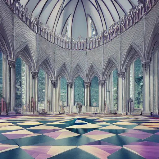 Image similar to a cathedral for the god of symmetry, floor mirroring, inside view, giant hall, floor is a mirror, highly detailed, colorful photorealistic Octane render, dramatic