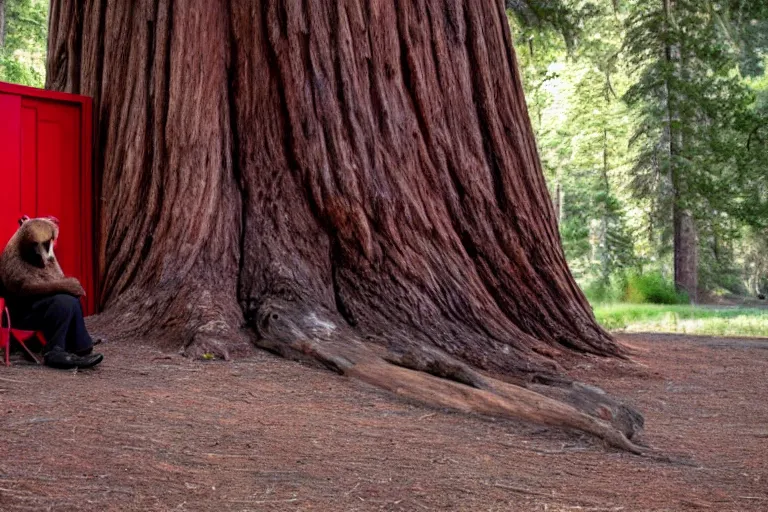 Prompt: grizzly wearing a red shirt sitting outside big sequoia tree with a red door by Roger Deakins