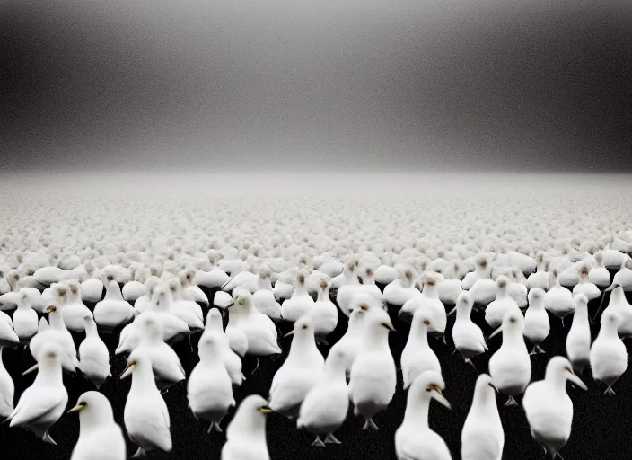 Prompt: realistic documentary landscape photo of a group of people morphing into a white birds 2 0 0 8, life magazine reportage photo, neutral colors, neutral lighting