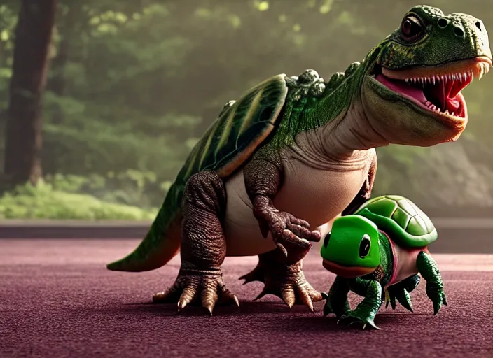 Image similar to film still of yoshi in the new sci - fi movie, cute upright dinosaur with a small turtle shell and long tongue, 8 k