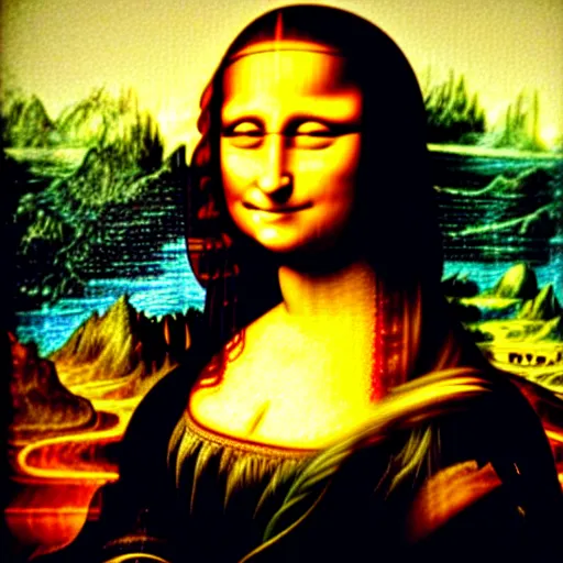 Prompt: the mona lisa, epic shamanic dmt art, airbrush art, by hubert van eyck