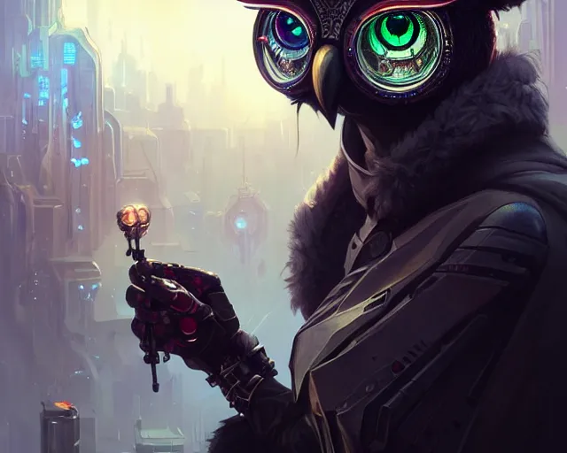 Image similar to owl cyberpunk outfit, deep focus, d & d, fantasy, intricate, elegant, highly detailed, digital painting, artstation, concept art, matte, sharp focus, illustration, hearthstone, art by artgerm and greg rutkowski and alphonse mucha