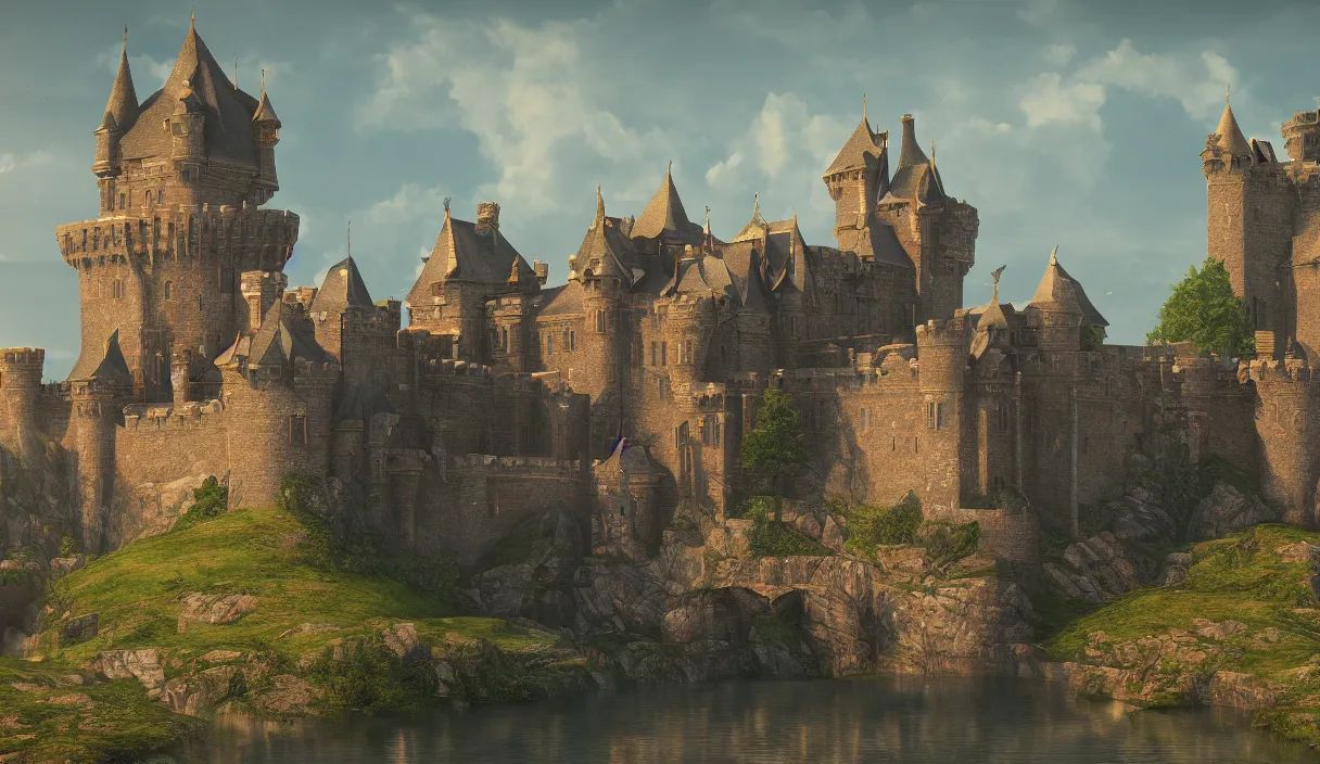 Image similar to a beautiful painting of a castle surrounded by a moat, cinematic angle, studio lighting, movie concept, trending on artstation, octane render, 8 k, ultra high detail