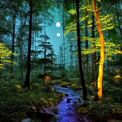 Image similar to shady forest at midnight, moonglow, moon rays, rocks, small creek, fireflies.