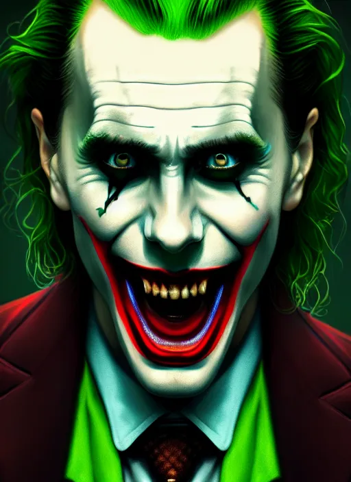 Image similar to portrait of jared leto as the joker, green hair, intricate, elegant, glowing lights, highly detailed, digital painting, artstation, concept art, sharp focus, illustration, art by wlop, mars ravelo and greg rutkowski