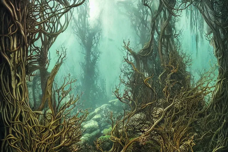 Prompt: Fantastical underwater forest by H R Giger, Moebius and Eywind Earle, trending on artstation