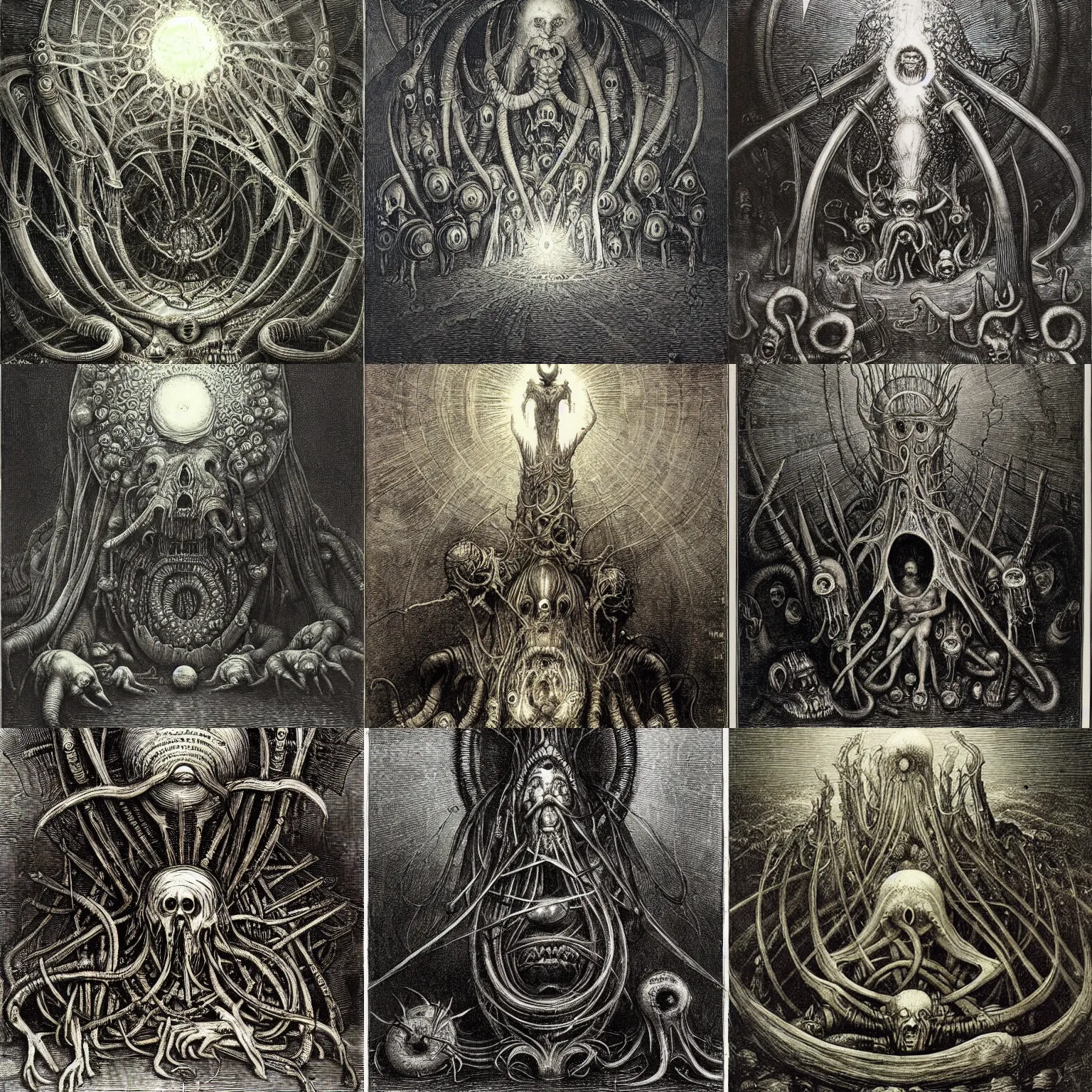 Prompt: azathoth gustave dore h r giger hieronymus bosch