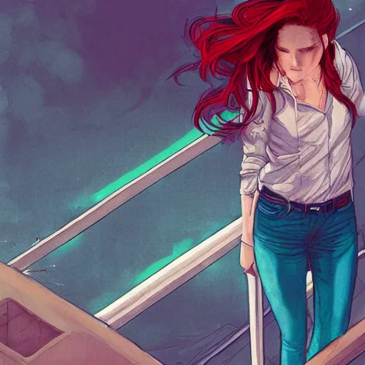 Prompt: a beautiful artwork of a woman with red hair in jeans and a white shirt smoking on the balcony of a hotel at night, top view, cinematic shot, rainy, neon and rainy theme atmosphere by Jerome Opeña, featured on artstation