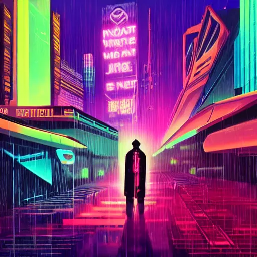 Image similar to cyber punk, futuristic, neo Chicago, blade runner city concept art, in the style of Syd Mead, award winning illustration, neon lights, raining