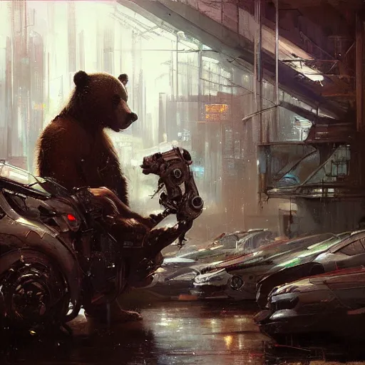 Image similar to brown bear, painting by Raymond Swanland, cyberpunk, sci-fi cybernetic implants hq